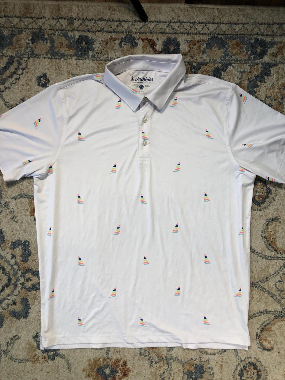 Chubbies Polo Shirt Mens XL White Sailboat Print Nautical Golf Short Sleeve